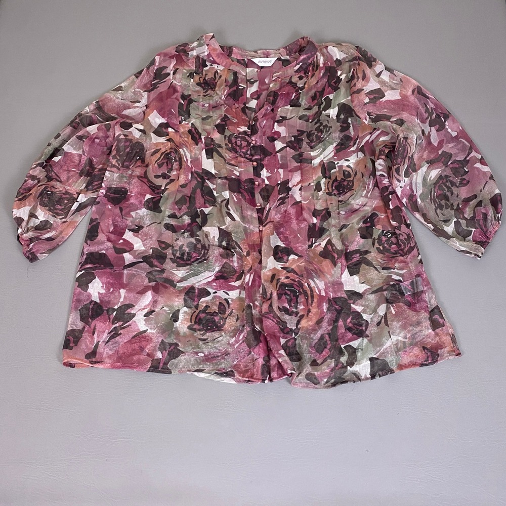 Avenue Blouse Top Women's Plus Size 26/28 Pink Floral Sheer Chiffon Button Front